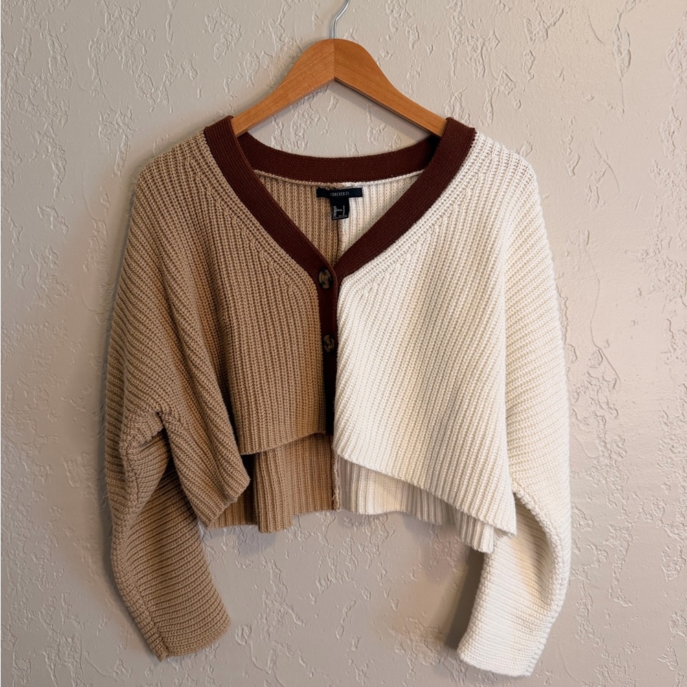 Forever 21 Brown and Cream Colorblock Cropped Cardigan
